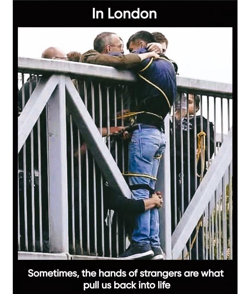 burtonpaul's tweet image. Londoners held onto this man for an hour successfully saving him from jumping. 
This👇🏼 is what humanity should reflect.
When did we lose our way… Can we pls just go back to caring for one another  #humanity #Caring  #Kindness #suicide