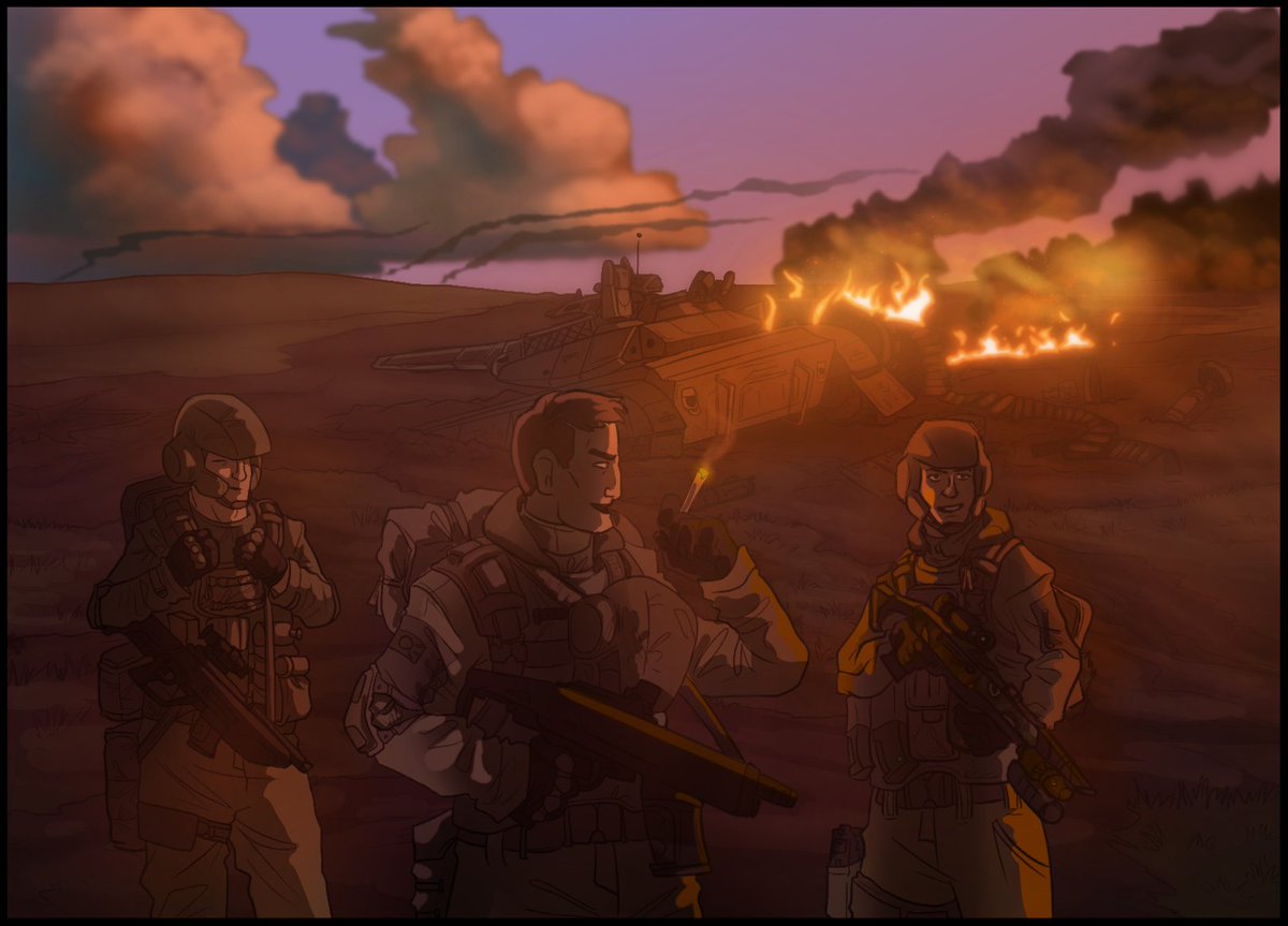 A  group of Antonian Airborne are resting near  a Republican tank that was neutralized on the Yazar system. This is  during the  "Yozom Offensive" which set the stage for the capture of the  Yazar capital and what appears to be the near end of the long war.