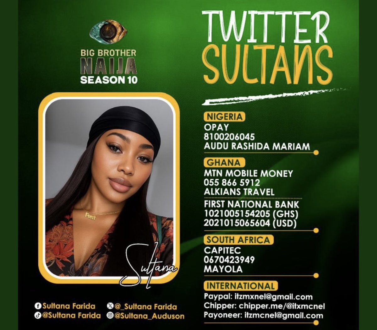 elizaansah1's tweet photo. Dear Honorable Sirente Jelani,

Thank you for your kind support of Sultana Farida Auduson Ibrahim throughout Big Brother Season 10. She has proudly showcased her Northern roots through her contributions to house wagers and her decision to wear the turban at official events, promoting our culture with grace and pride.
Now that she is a finalist, we humbly seek your continued backing, especially your financial support, to help us mobilize votes and secure her victory. Your encouragement has brought her this far, and with your help, we can see her crowned winner.

With gratitude,
A proud Fan
