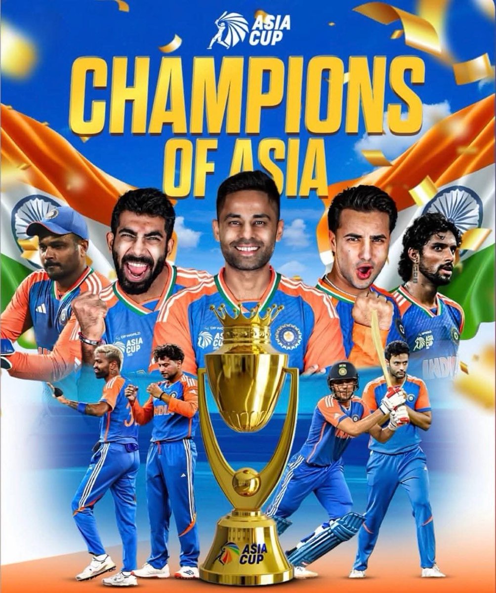 askarali517's tweet photo. India Won Asia Cup 🎖Jai Hind 

𝗖. 𝗛. 𝗔. 𝗠. 𝗣. 𝗜. 𝗢. 𝗡. 𝗦 🏆

A dominant performance capped by an unbeaten campaign 💪

Congratulations to #TeamIndia on winning #AsiaCup2025 🇮🇳 🥳

Indian Cricket Team  💐

#indiancricketteam #indvspak2025 #asiacup2025 #INDvsPAK #AsiaCup https://t.co/RuQv8utmpK