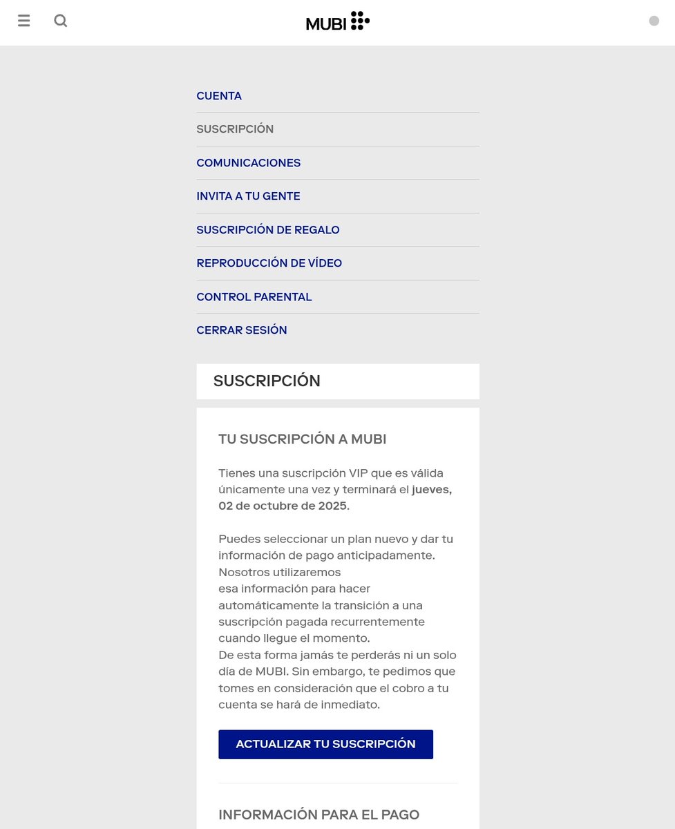 MaEtxeberry's tweet photo. @mubilat ¿Como se cancela una suscripción VIP? No aparece opción para cancelar, solo actualizar método de pago https://t.co/oqYAWXxuUl