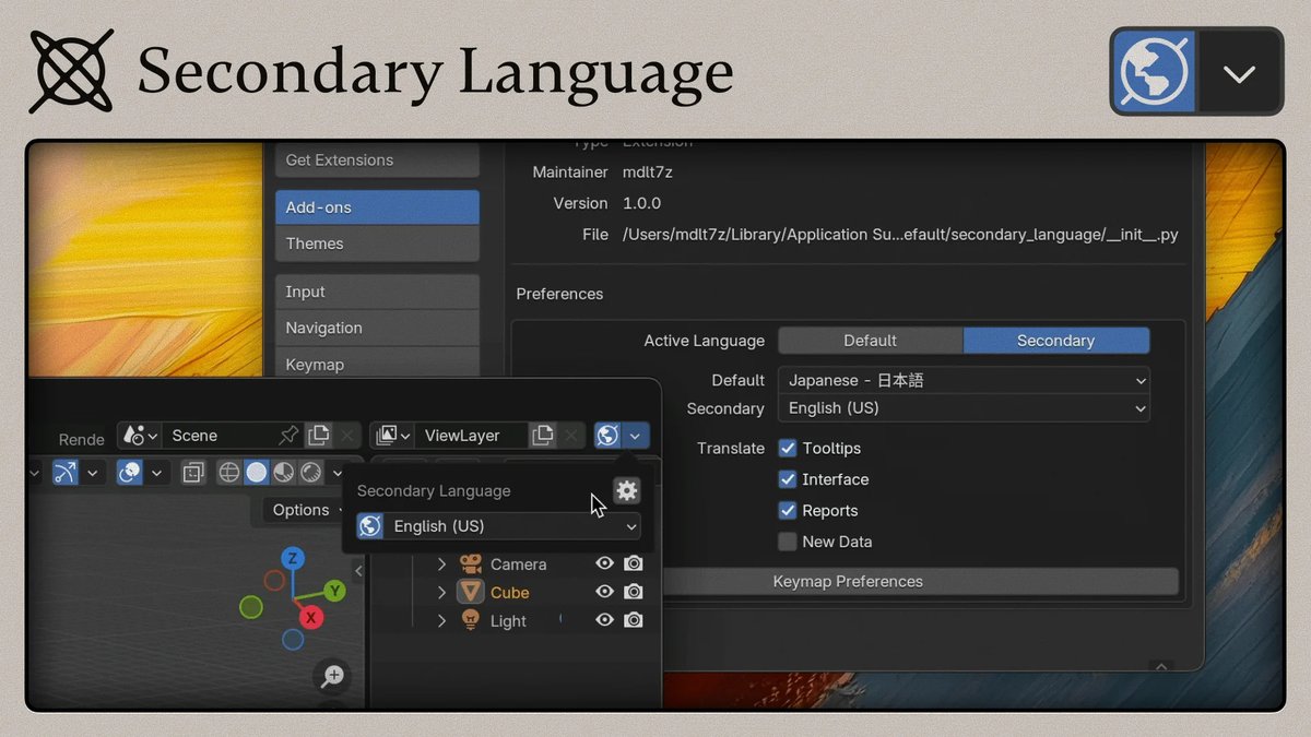 ymt3d's tweet photo. ボタンやショートカットキーから言語切替が可能なBlenderアドオン！無料！Extensionsから利用可能！

Secondary Language 
https://t.co/CkVSZw5tEe 
by mdlt7z

日本語環境でBlender触りつつ
海外チュートリアルを多く参照される方にオススメ！
#b3d #blender3d #Blender https://t.co/KjQILgSWHK