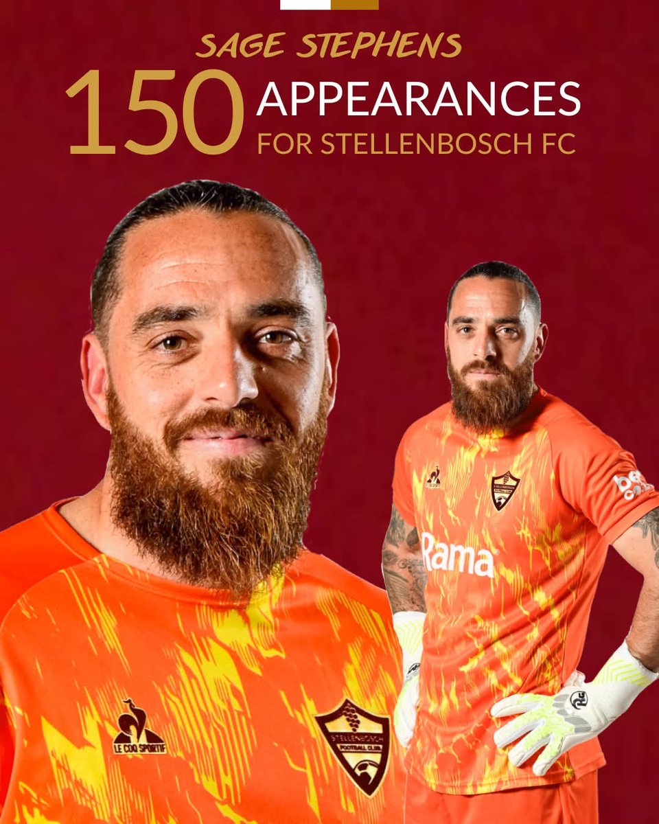 Milestone moment for Sage Stephens 🧤

Congratulations to Sage Stephens, who made his 150th appearance for <a href="/StellenboschFC/">Stellenbosch FC</a> today 👏 🍇

A journey of consistency, passion, and dedication to the club 💪⚽️

Here’s to many more in maroon 🌟

📷 : <a href="/StellenboschFC/">Stellenbosch FC</a>