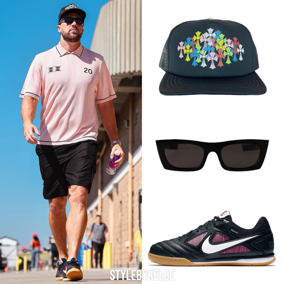 Travis Kelce arrives at Arrowhead Stadium for the Chiefs game ⋆ September 28, 2025

#Jacquemus ‘The Liga’ Polo ($590/$289 on sale)
#ChromeHearts Crosses Trucker Hat (sold out) 
#RetroSuperFuture Fred Sunglasses ($198)
#Nike x #Supreme SB Gato Sneakers ($110/sold out)

_