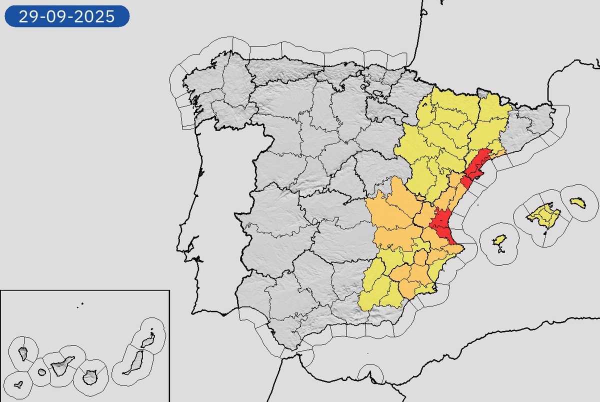 AEMET_Esp's tweet photo. 28/09 21:55 Avisos activos hoy y mañana en España por lluvias, tormentas y costeros. Nivel máximo de aviso: rojo.
Actualizaciones en https://t.co/BLdoSsO2Qv https://t.co/V2NrOJ8ENQ