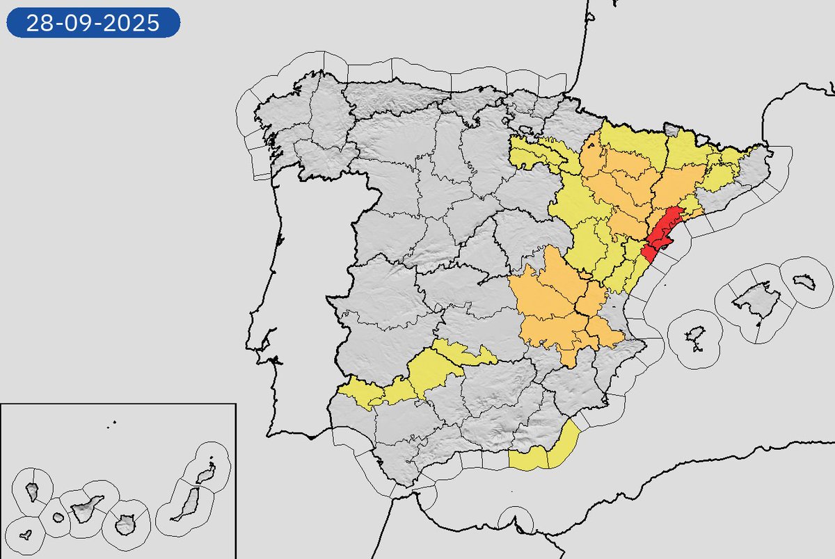 AEMET_Esp's tweet photo. 28/09 21:55 Avisos activos hoy y mañana en España por lluvias, tormentas y costeros. Nivel máximo de aviso: rojo.
Actualizaciones en https://t.co/BLdoSsO2Qv https://t.co/V2NrOJ8ENQ