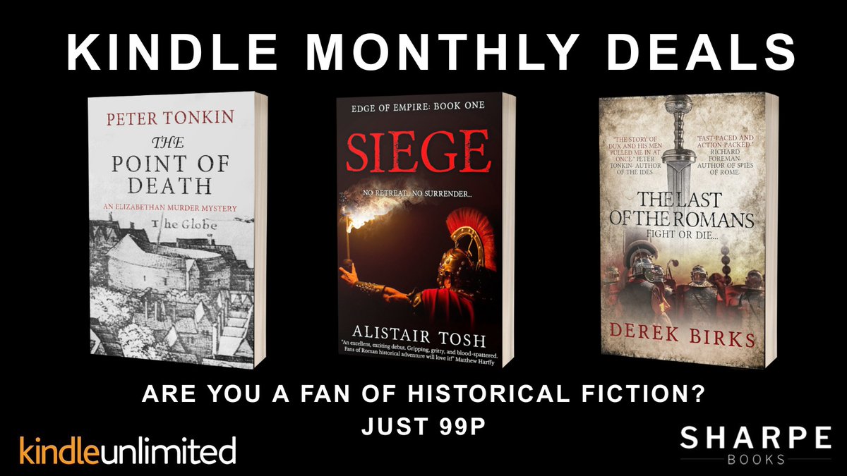 #KindleMonthlyDeals
Are you a fan of histfic? Only 99p
The Point of Death, by <a href="/petertonkin50/">Peter Tonkin</a>
amazon.co.uk/Point-Death-To… 
Siege: Edge of Empire, by <a href="/alistair_tosh/">Alistair Tosh (new series coming soon)</a>
amazon.co.uk/Siege-Edge-Emp…
The Last of the Romans, by <a href="/Feud_writer/">Derek Birks - Author</a>
amazon.co.uk/Last-Romans-De… 
#histic #amazondeals