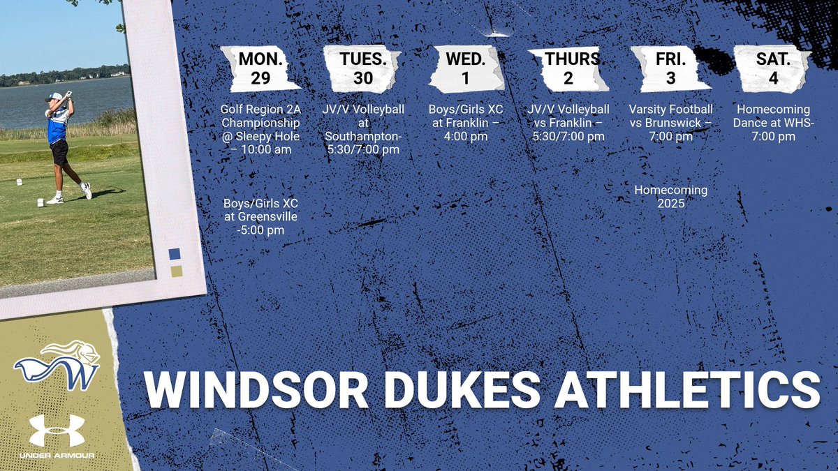 dukeswhs's tweet photo. 🏰  Duke Fans, we have an action packed week ahead for all things WHS Athletics! ⛳️🏐🏈

🏰  Golf Regional Championship, Two XC Meets, Volleyball at rival Southampton and Varsity Football at home Friday night for Homecoming! 💙💛 https://t.co/dnlNjhwWGr
