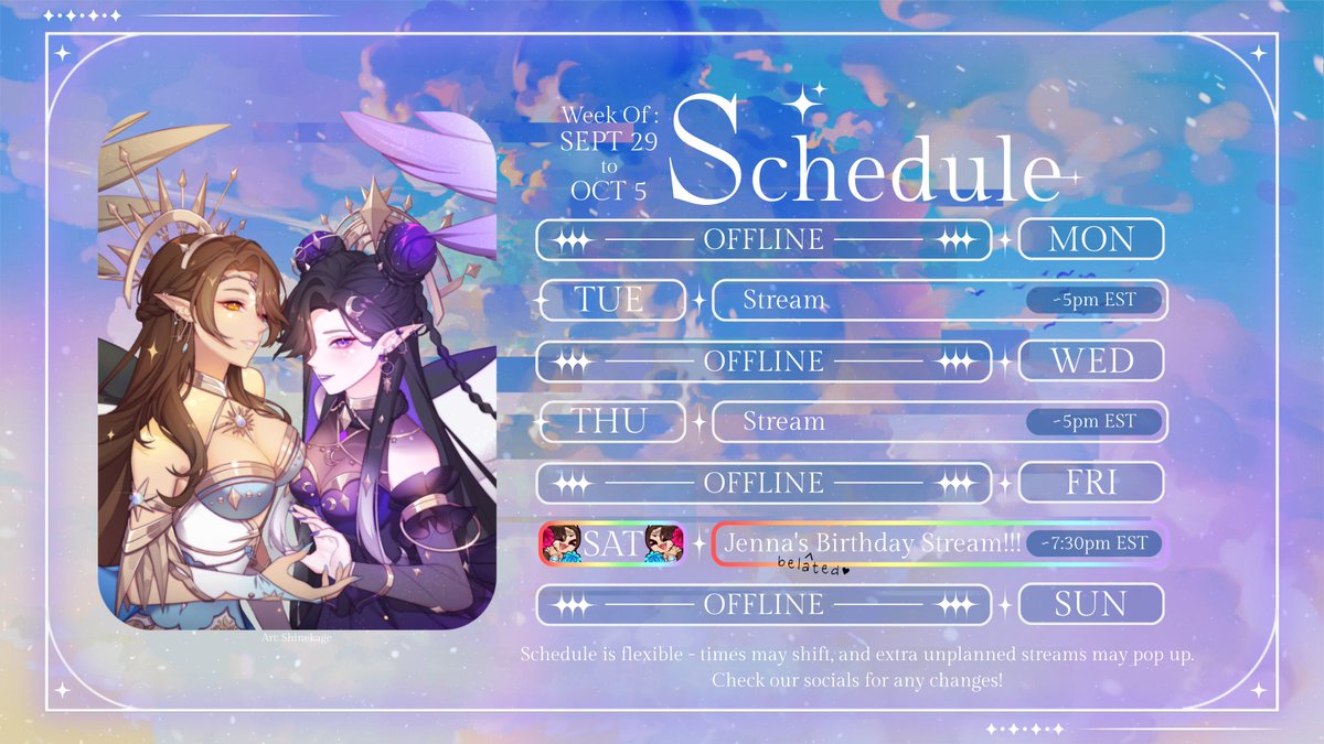 Hellooo~

We're so sorry that we've been gone! 😭We both got sick and decided it was best for us to take it easy this week.

But GOOD NEWS: We're back! Here's our stream schedule for the week. 

We'll also be having a special belated birthday stream for <a href="/JeneticTV/">Jenetic ☀️</a> on Saturday! 🎊
