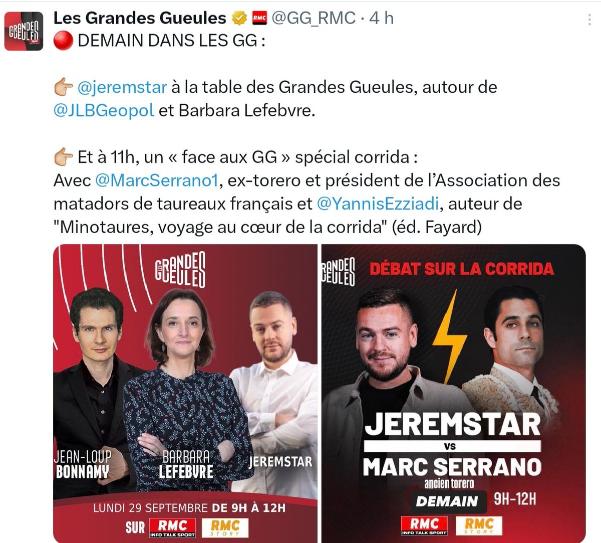 Bastet (@bastet3413) on Twitter photo SOUTENONS <a href="/jeremstar/">JEREMSTAR</a> demain matin dans les <a href="/GG_RMC/">Les Grandes Gueules</a> où il va être seul face à un tueur de taureaux et à une meute d’aficionados dans une confrontation absolument inégale
80 % de la population est de son côté et veut #stopcorrida !
<a href="/CRAC_Europe/">CRAC Europe</a> <a href="/BeziersColbac/">COLBAC Anti Corrida Béziers</a> <a href="/Anticorrida/">Alliance Anticorrida</a> SOUTENONS <a href="/jeremstar/">JEREMSTAR</a> demain matin dans les <a href="/GG_RMC/">Les Grandes Gueules</a> où il va être seul face à un tueur de taureaux et à une meute d’aficionados dans une confrontation absolument inégale
80 % de la population est de son côté et veut #stopcorrida !
<a href="/CRAC_Europe/">CRAC Europe</a> <a href="/BeziersColbac/">COLBAC Anti Corrida Béziers</a> <a href="/Anticorrida/">Alliance Anticorrida</a>