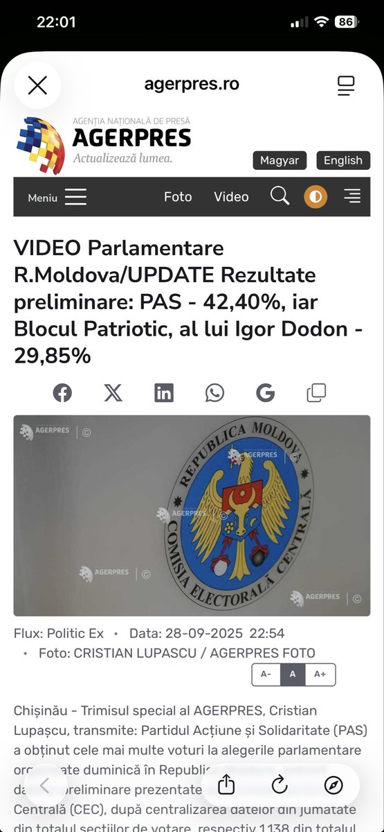 Sunnymica's tweet image. Tendenz steigend:
Pro-Europa: PAS 42,4 % 🥳
Blocul Patriotic 29,9 % · Alternativa 7,9 % · Democrația Acasă 6,9 % · Partidul Nostru 6,4 % — ausgezählt: 1.138 von 2.274 Wahllokalen (~50 %)