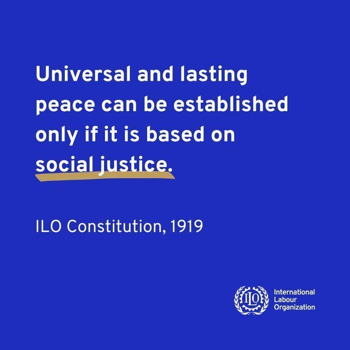 UNGeneva's tweet image. #SocialJustice remains the bedrock for lasting peace.  

&quot;Universal and lasting peace can be established only if it is based on social justice.&quot;
 - @ILO Constitution, 1919