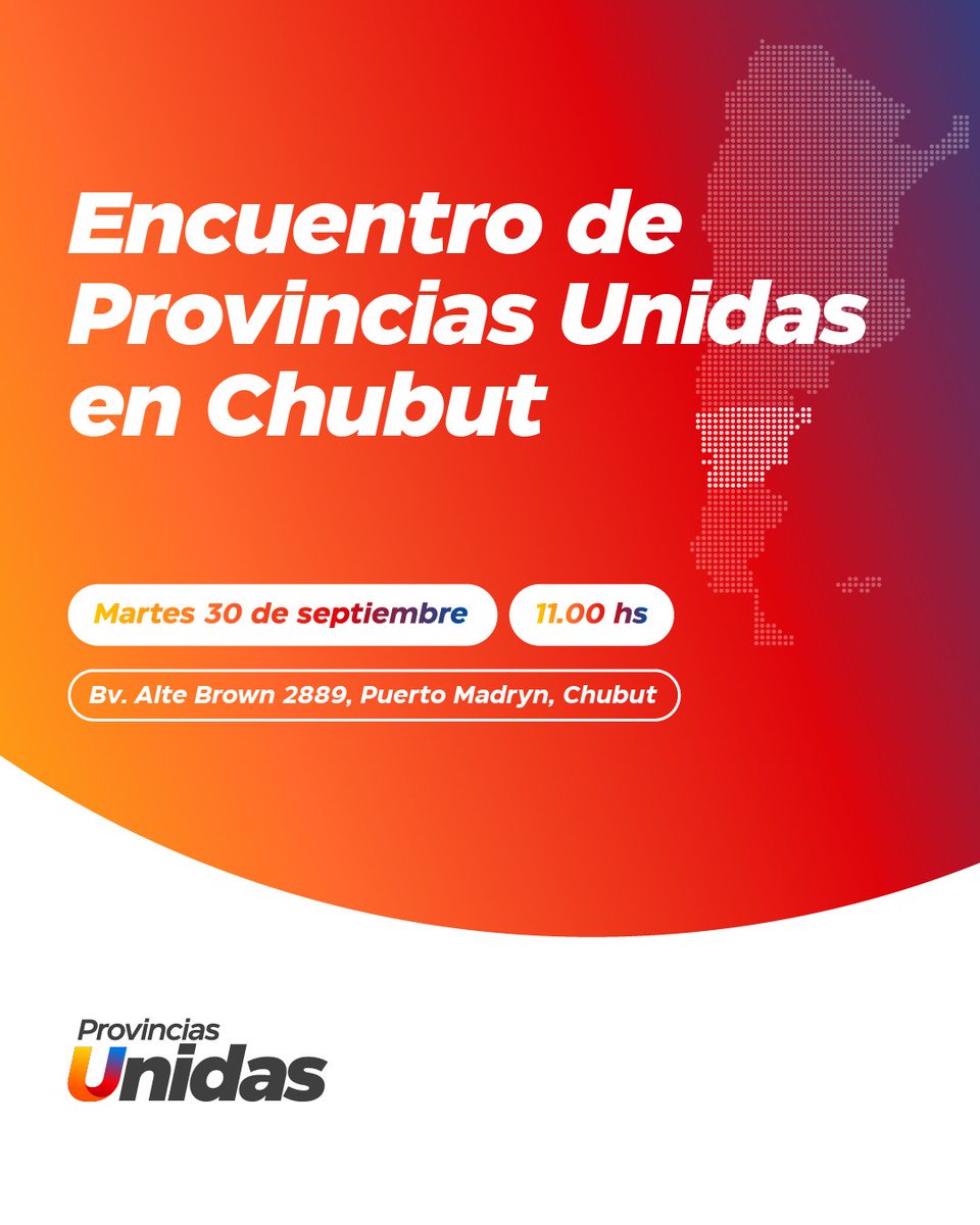 Unidos somos más.

Este martes 30 de septiembre nos encontramos en Chubut.
📍 Bv. Alte. Brown 2889, Puerto Madryn
🕚 11:00 h

Somos #ProvinciasUnidas