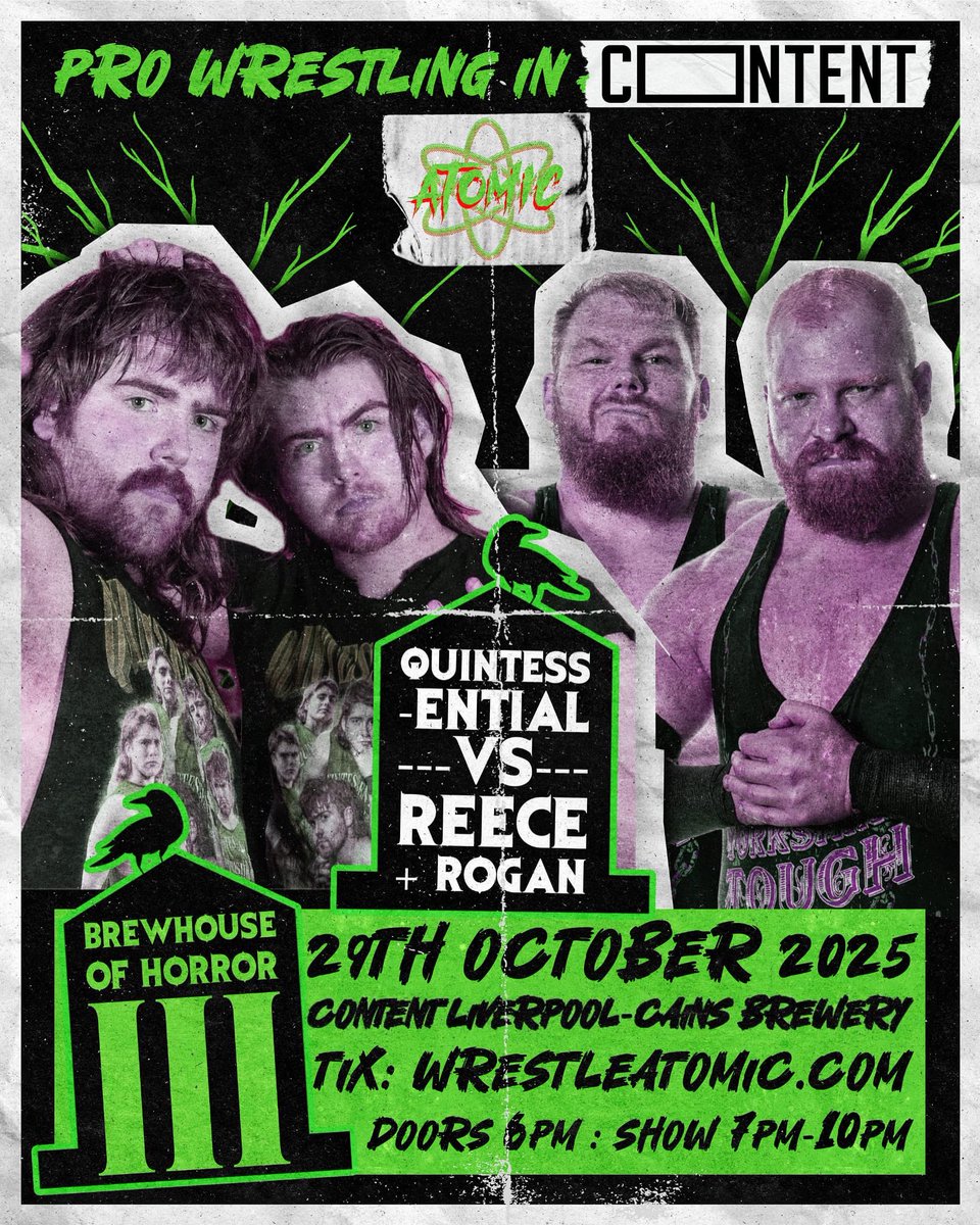 🎃 TAG MATCH 🎃 

YORKSHIRE TOUGH made short work of Made To Last on their debut. Shook the MTL boys to their core. Can Quintessential stem the rising tide or Reece &amp; Rogan?

📆 29TH OCTOBER
📍 @contentliverpool 
🎫 WRESTLEATOMIC.COM
🪙 From £16
🤼 
🎃