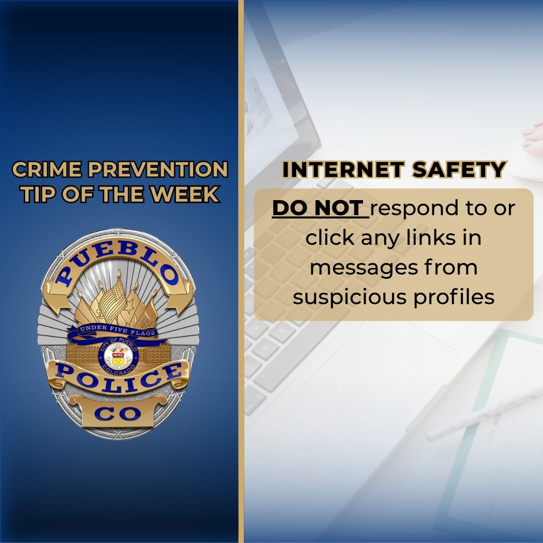 PuebloPolice1's tweet image. Trust your instincts! If something feels off, it probably is. Avoid clicking links or responding to unfamiliar profiles. When in doubt, delete! 🗑️ Share this tip to keep everyone safe online!
#PreventionIsProtection #CrimePreventionTip #InternetSafety