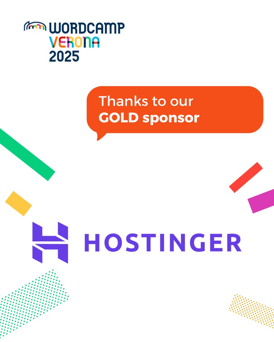 Ringraziamo Hostinger per il sostegno al WordCamp Verona 2025 come Sponsor Gold
Piattaforma che offre hosting gestito WordPress con strumenti AI.
👉verona.wordcamp.org/2025/sponsor/h…
#wordcampverona2025 #wcvrn2025 #wordcampsponsor #wordpressitalia