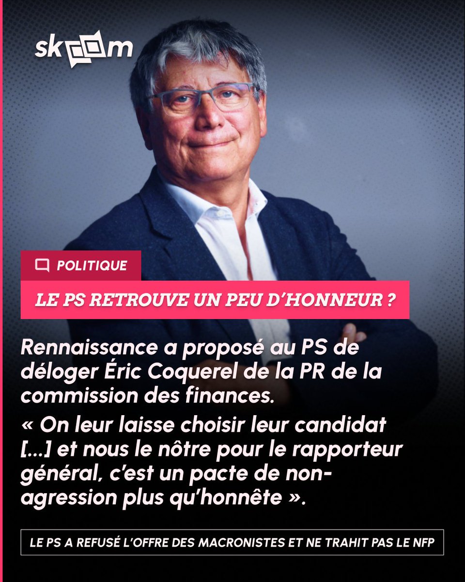 🚨 ALERTE : Le #PS a dit NON aux #Macronistes !

Renaissance a tenté d'acheter le #PartiSocialiste en échange de la tête d'Éric Coquerel à la Commission des finances.

Le PS refuse de trahir le #NFP et maintient l'unité. Un peu d'honneur retrouvé face aux manœuvres de division !