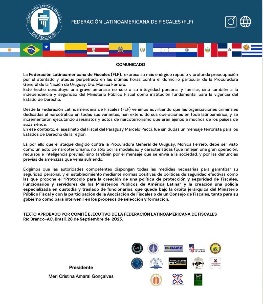 de_fiscales's tweet photo. Atentado contra la Fiscal de Corte y Procuradora Gral. De la Nación de URUGUAY. https://t.co/LdmA0RnojJ