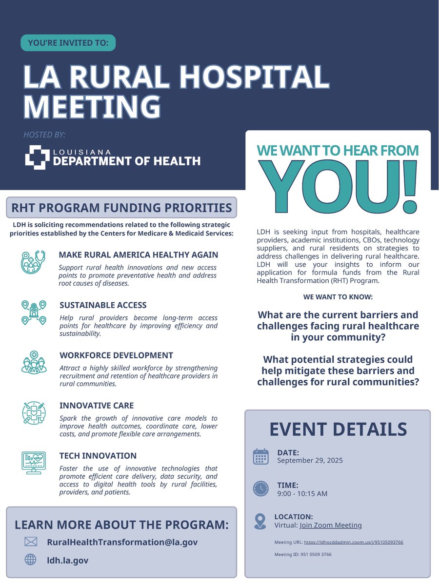 LARuralHealth's tweet photo. NOTICE: The time of this meeting has changed to 9:00AM and the location changed to online only.
LRHA encourages rural hospitals join ONLINE Monday, Sept 29 to inform Louisiana's application for the Rural Health Transformation (RHT) Program. Join: https://t.co/DMTVagC7lj https://t.co/rsJ7hnoVtv