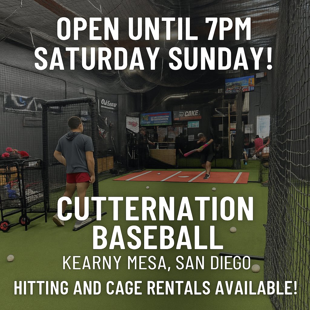 ⚾️ Weekend grind doesn’t stop!
@CutternationBsb in Kearny Mesa, San Diego is OPEN until 7PM Sat &amp; Sun 🙌

🔥 Hitting sessions
🔥 Cage rentals

Get your work in &amp; level up! 💪
#CutternationBaseball #SanDiegoBaseball