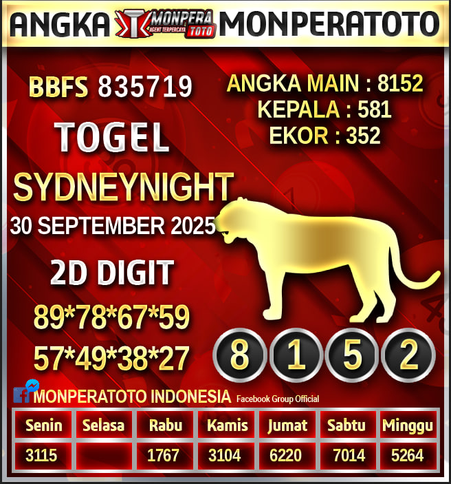 Prediksi Sydney Night
30 SEPTEMBER 2025
Monperatoto adalah Situs Togel Online Terpercaya,Casino Terbaik,Slot Gacor Di Indonesia
#prediksihariini #prediksihk #monperatoto