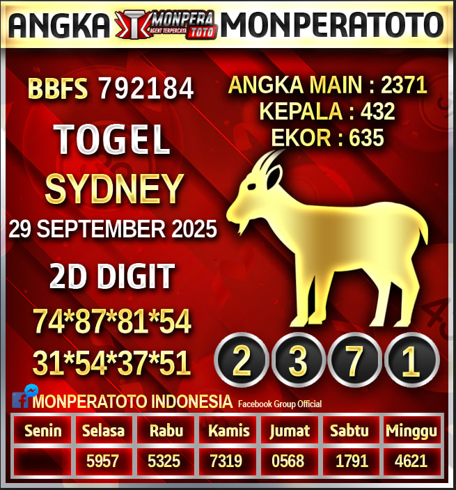 Prediksi Sydney
29 SEPTEMBER 2025
Monperatoto adalah Situs Togel Online Terpercaya,Casino Terbaik,Slot Gacor Di Indonesia
#prediksihariini #prediksisdy #monperatoto