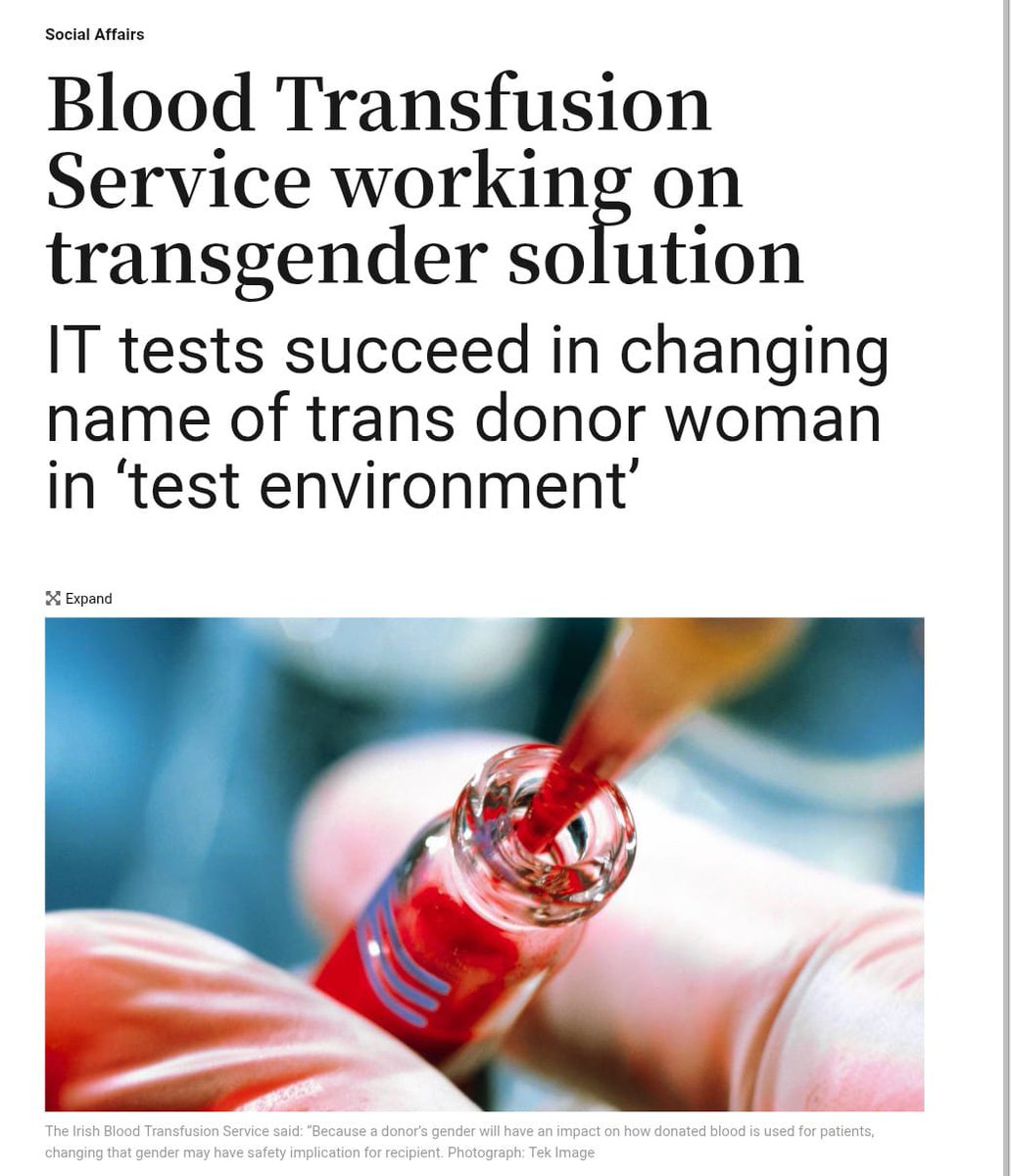 TheCountessIE's tweet photo. LANGUAGE: The Irish Blood Transfusion Service changed its system for just one man who demanded for it to change his sex marker from male to female. One man who is a trans activist, that was all it took and IBTS did everything it could to appease him. Of course now there is mass confusion at questions such as “Is your current gender different from that assigned to you at birth?”.
A golden rule of asking for anything from a volunteer donor is that you make it accessible to do so. You do not bend over backwards to appease a man who wants to be called “female” and in turn have to ask your donors convoluted questions to figure out the actual sex of your donors and you turn donors off the process with confusing questions.
To be clear, questions that are confusing for the general public, which Health Minister Jennifer Carroll MacNeill @CarrollJennifer insists must be asked, are only asked because one man, a trans activist, demanded that IBTS put on their systems that he is female. @Giveblood_ie @roinnslainte