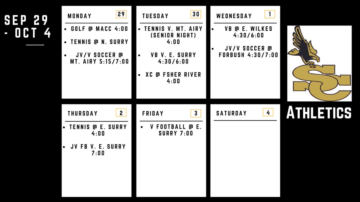 Athletic Schedule for the Week of Sep 29 - Oct 4.

#TheBigSC