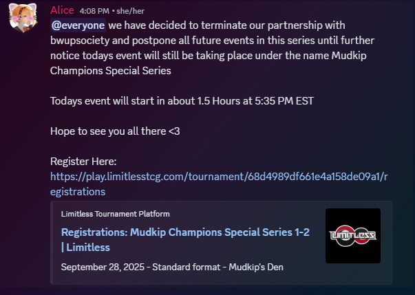 MudkipsDen's tweet photo. announcements about todays event https://t.co/coUbRYw1j8