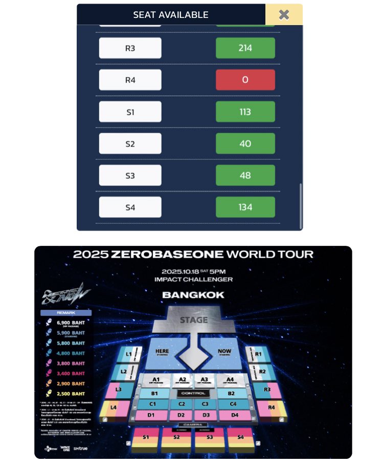 haoneulz's tweet photo. these are the amounts of seats left per section for jebewon's here&amp;now concert in bangkok and there's still 19 days left! if you want to meet them this tour, pls consider bkk 🥹 

#2025_ZEROBASEONE_WORLDTOUR_HEREANDNOW_IN_BANGKOK #ZEROBASEONEINBKK
#ZEROBASEONE #ZB1 #제로베이스원 https://t.co/IB70fO3mty