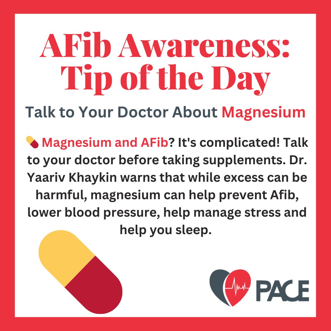 #AFib Awareness Month Tip: Talk to Your Doctor About 💊 Magnesium. 
#MagnesiumAndAFib 
#CardiologyTips 
#HeartHealth #CardiovascularHealth 
#BeatHeartDisease #HealthyHeart
#HeartWellness 
#Atrialfibrillation 
#HeartDoctor #Arrhythmia  <a href="/heartablator/">Yaariv Khaykin</a> <a href="/stopafib/">StopAfib.org</a>
