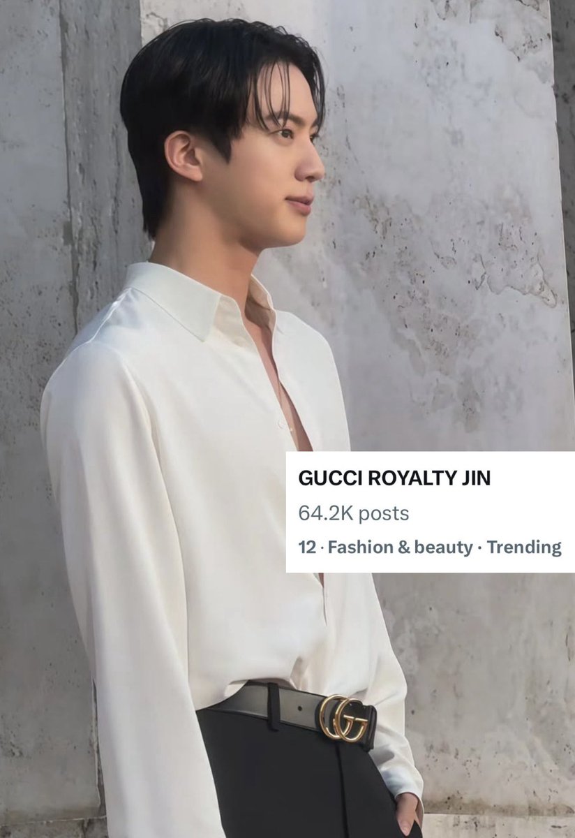 jinsneckmole's tweet photo. The GUCCI ROYALTY JIN tag is currently at 950k. Let’s hit 1M mentions soon!

Keep dropping the tags:

GUCCI ROYALTY JIN
#JinxGucci #Jin #MFW
#MilanFashionWeek
#GucciLaFamiglia @gucci https://t.co/MpRGAsXC0F