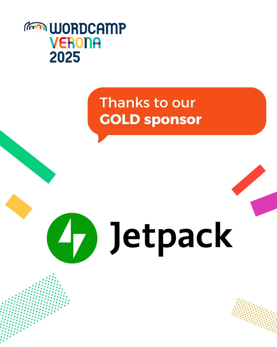 Ringraziamo <a href="/jetpack/">Jetpack</a>  per essere Sponsor Gold del WordCamp Verona 2025
Jetpack offre una potente raccolta di strumenti per la sicurezza e le performance di ogni sito WordPress.

verona.wordcamp.org/2025/sponsor/j…
#wordcampverona2025 #wcvrn2025 #wordcampsponsor #jetpack #wordpressitalia