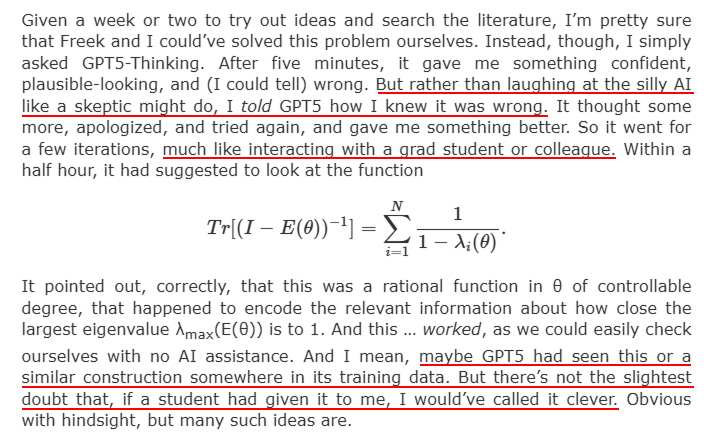 haider1's tweet photo. More evidence that GPT-5 is a major leap:

For the first time, a quantum computing researcher used GPT-5 Thinking for a key technical step that helped prove a paper's main result

He adds: There's not the slightest doubt that, if a student had given it to me, i would've called it clever