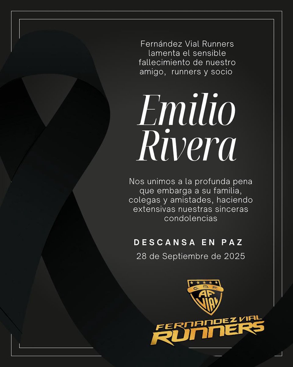 Con profundo pesar comunicamos el sensible fallecimiento de uno de nuestros runners fundadores, miembro del directorio y amigo; Emilio José Rivera Silva. Hoy no solo lloramos su partida, también agradecemos su presencia activa y calidad humana a lo largo este tiempo 💛🖤🏃‍♂️🕊️