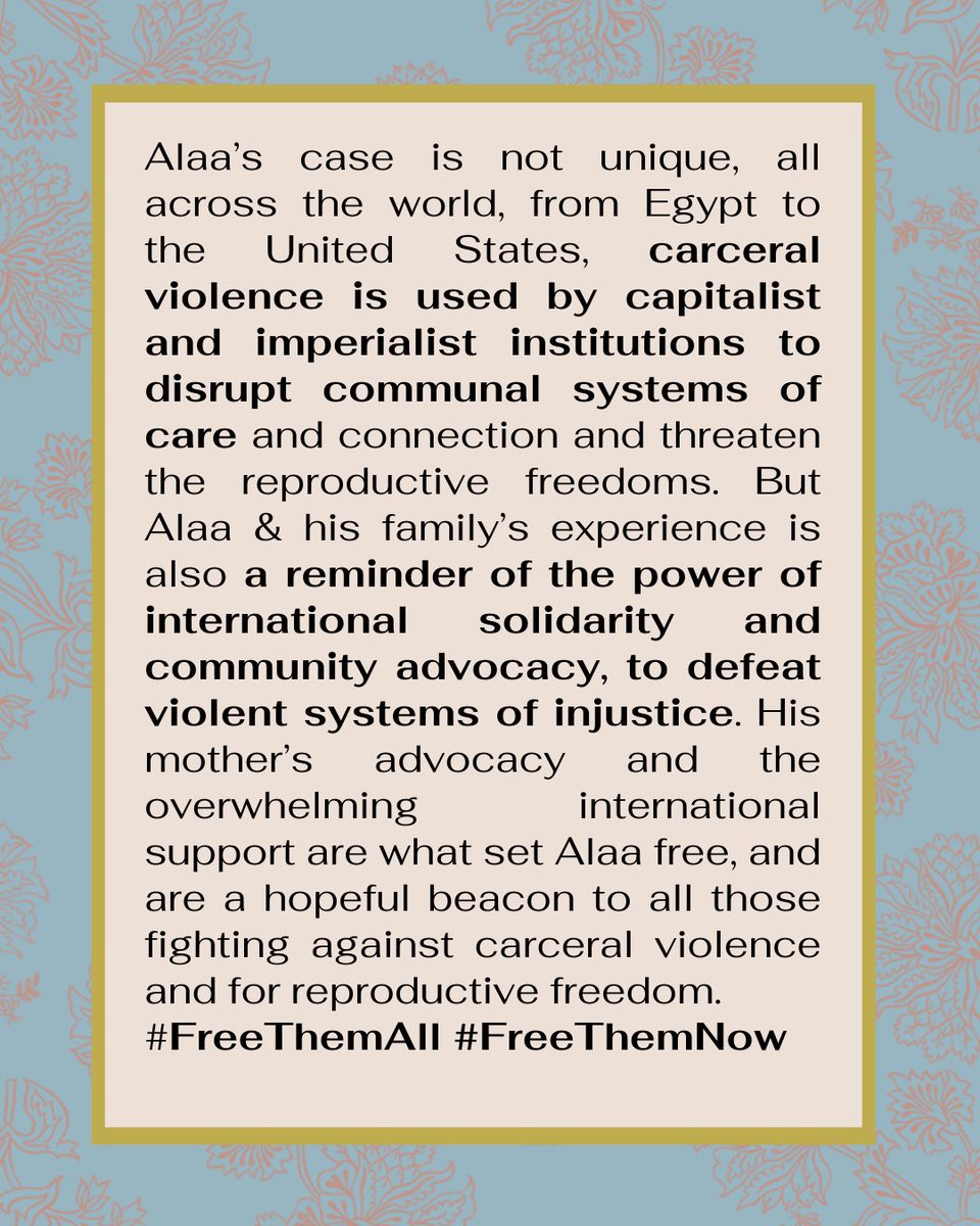 On Sept 22, 2025, Egyptian activist Alaa Abdel Fattah walked free after 12 years behind bars. For over a decade, the Egyptianstate tore him from his his mother Laila, his son Khaled, and his community. We honor Alaa, his family, and all political prisoners still behind bars.