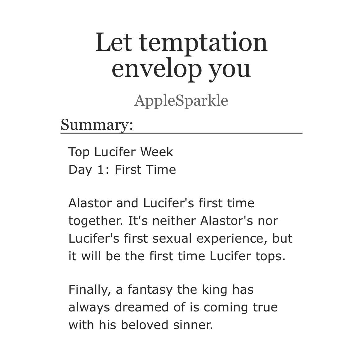 Apple_Sparkle01's tweet photo. This time i hope i don’t screw it up, so I’ll write one-shots for #TopLuciferWeek
Day 1: First Time
👉🏻 https://t.co/9nZty8Zfww
#appleradio #topLucifer #BottomAlastor https://t.co/DQlzarlKVM