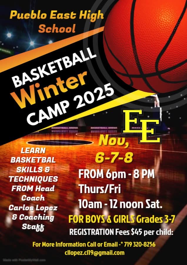 The Pueblo East boys &amp; Girls basketball camp will be held on Nov.6-7-8 2025 at Pueblo East HS. The cost for this year's camp will be $45 per participant. Registration is open now! To register please PM text with the following information:
Name of camper: Email: Phone number Grade