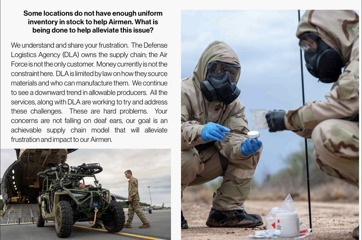 In the August 2025 edition of Field Notes, <a href="/cmsaf_official/">Chief Master Sergeant of the Air Force</a>, Dave Flosi, addressed critical uniform shortages facing our Airmen, stating, 'Money currently is not the constraint here. We continue to see a downward trend in allowable producers.'  

In 2023, the Defense Logistics