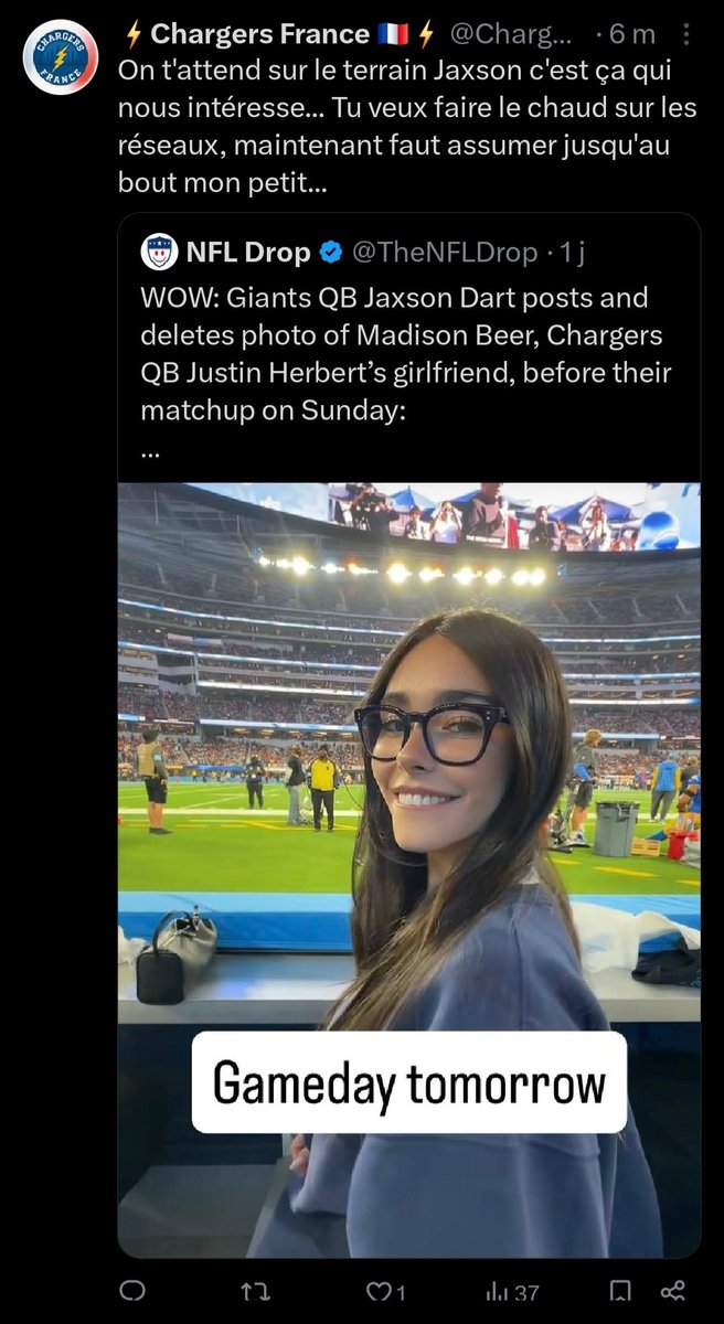 NYGiantsFR's tweet photo. Tu as été entendu @ChargersFrance 😘 https://t.co/9DqoHCeVwp