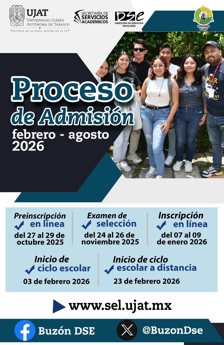 UJAT's tweet photo. Aspirante a ingresar a la UJAT, te compartimos las fechas importantes del Proceso de Admisión para el ciclo escolar febrero-agosto 2026 https://t.co/OMdmjsctdk