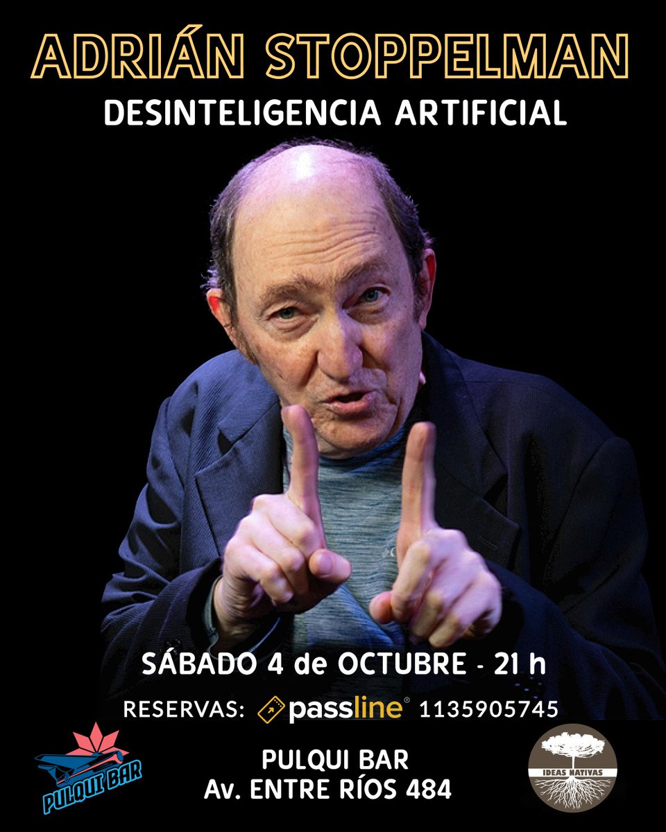 🎙<a href="/adrianstopOK/">Adrián Stoppelman</a> en @Elpulquibar

🌐 Desinteligencia Artificial 👽
🎫  passline.com/eventos/desint…
O al: 1135905745

💥 90 minutos para aflojar la mufa, con humor sobre la vida cotidiana, la tecnología, el sexo y sí, inevitable un poco de política. 

🗓 4 de octubre. 
Puerta: 20.30 h.