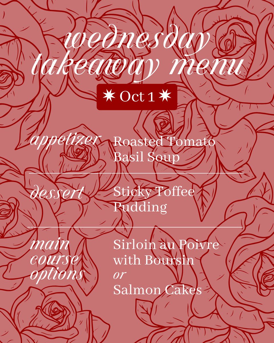 A little Takeaway to lighten the gloom  

☁️

Ready-to-eat. Order by 5p Tue for pickup on Wed between 5p-6p. 3-course takeaway includes an appetizer, main &amp; dessert. Each item also available individually.  

Menu options change weekly.    
🔗 oldsurreyrestaurant.ca/wednesday