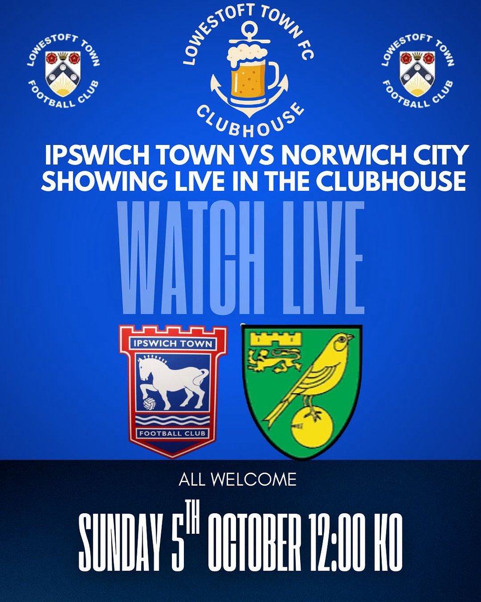 OFCLTRAWLERBOYS's tweet photo. 📺⚽ WATCH LIVE AT LOWESTOFT TOWN FOOTBALL CLUB!

Join us at Lowestoft Town Football Club as we show the huge East Anglian Derby – Ipswich Town v Norwich City – live on the big screen!

🗓 SUNDAY 5th October
⏰ Kick-off: 12:00
📍 Clubhouse – all welcome!

Stick around afterwards and cheer on our very own Lowestoft Town Ladies, who kick off at the Meadow at 14:00.

🍻 Bar open • Great atmosphere • Football all afternoon!