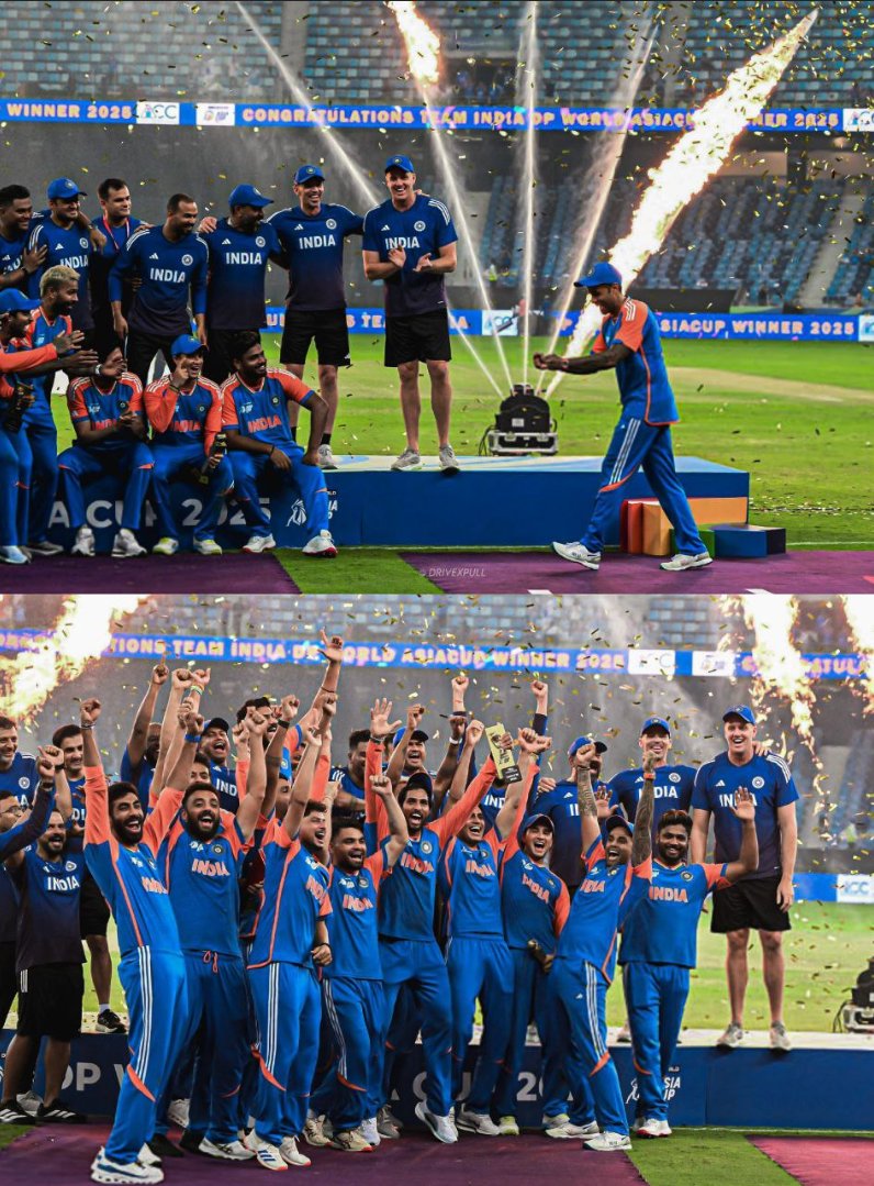 merii_mrziii's tweet photo. Respect for Team India. They refused to take the Asia Cup trophy from Pakistani Mohsin Naqvi.  

They celebrated without the trophy and Suryakumar Yadav did the Rohit Sharma celebration 🇮🇳❤️

#INDvsPAK || #AsiaCupFinal || #indvspak2025 https://t.co/PVHOhAzIXy