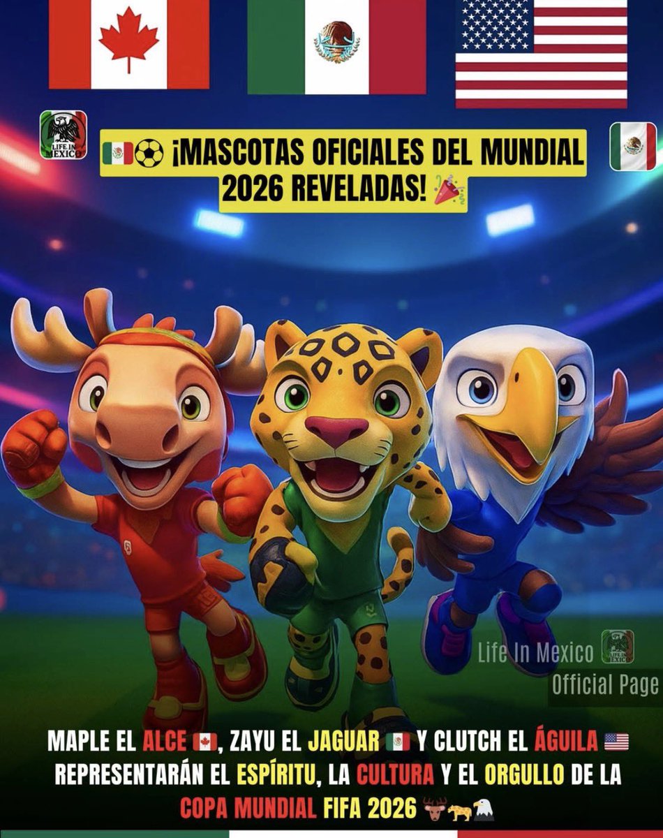 The #FIFAWorldCup 2026 kicks off at the iconic Estadio Azteca 🇲🇽!
Meet the mascots:
🇨🇦 Maple the Moose
🇲🇽 Zayu the Jaguar – symbol of Mexico’s strength &amp; culture
🇺🇸 Clutch the Eagle
A historic opening where football, pride &amp; tradition unite! 🐆🦅🫎