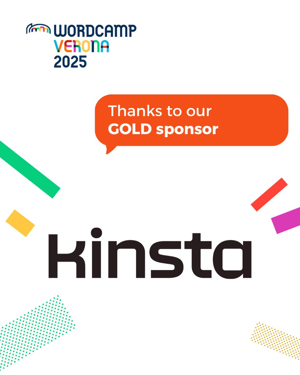 Ringraziamo <a href="/Kinsta_IT/">Kinsta Italia 🇮🇹</a> per sostenere come Sponsor Gold questa edizione del WordCamp Verona
Hosting veloce, sicuro e scalabile e con supporto continuo all’utente.
verona.wordcamp.org/2025/sponsor/k…
#wordcampverona2025 #wcvrn2025 #wordcampsponsor #kinsta #wordpressitalia