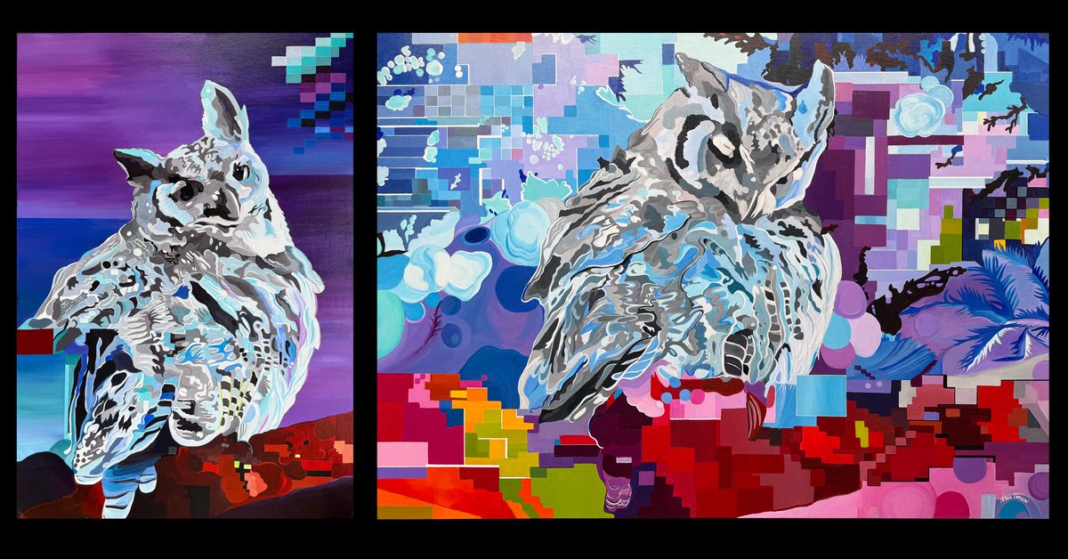 Twilight Compression 1 &amp; 2! (Acrylic on canvas, 24”x36”, 48”x36”) 
#glitchpaintings #glitchesarelikewildanimals #acrylicpainting #greathornedowl