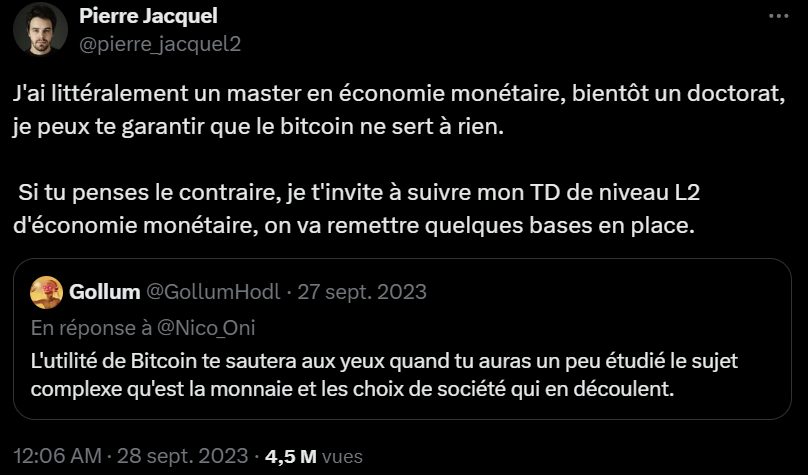 StachAlex's tweet photo. Deux ans séparent ces tweets.

From "j'ai un master, bientôt un doctorat, donc tout ce que je dis est vrai, et Bitcoin ne sert à rien" to "les chercheurs sont débiles, c'est moi qui ait raison, le doctorat ça sert à rien" real quick.

Cascade à ne pas reproduire chez vous. https://t.co/VdyD0cO0u3