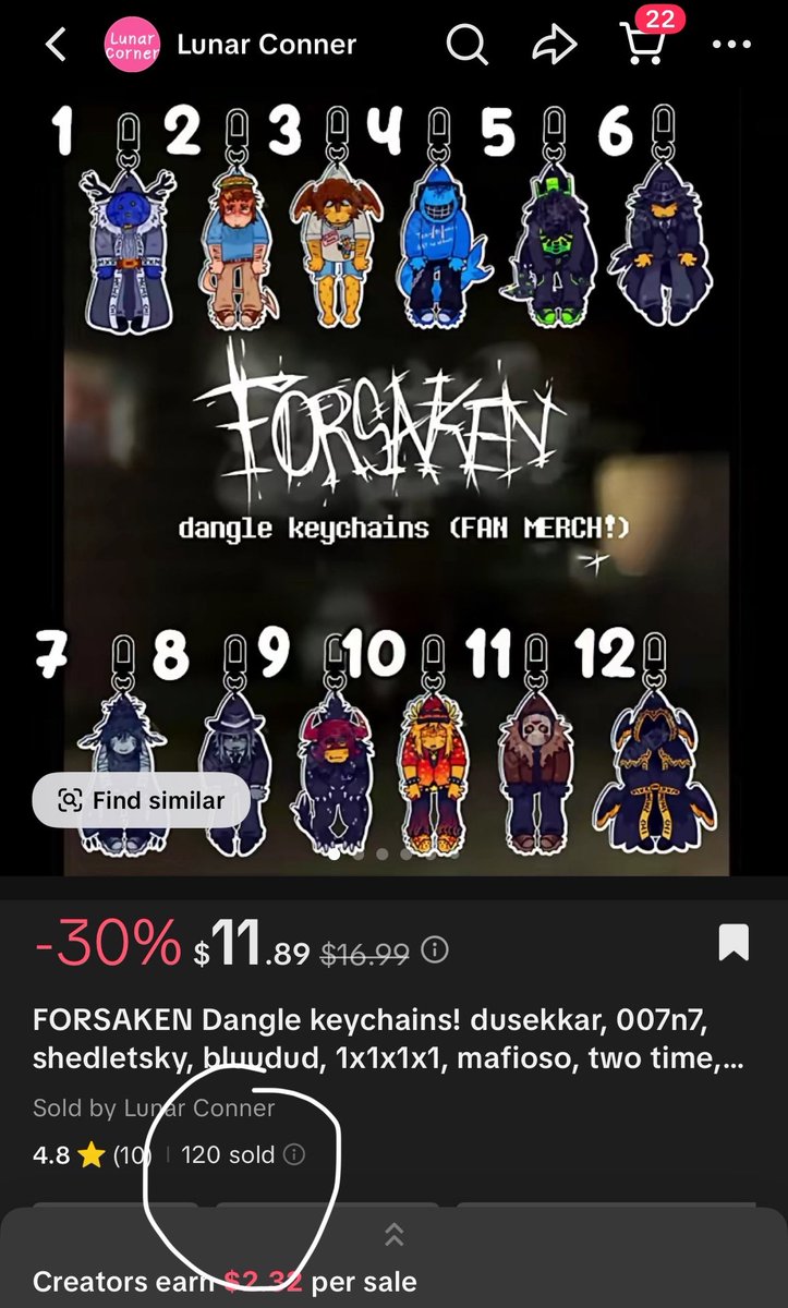 _0exia_'s tweet photo. // WARNING TO ALL FORSAKEN FANS

over the last few months, a company under the name "Lunar Conner" has stolen my work and resold my keychains for OVER ONE THOUSAND DOLLARS. if you have the time, please go to their store page and report all their products.
#Forsaken https://t.co/l40W8Y8A8C